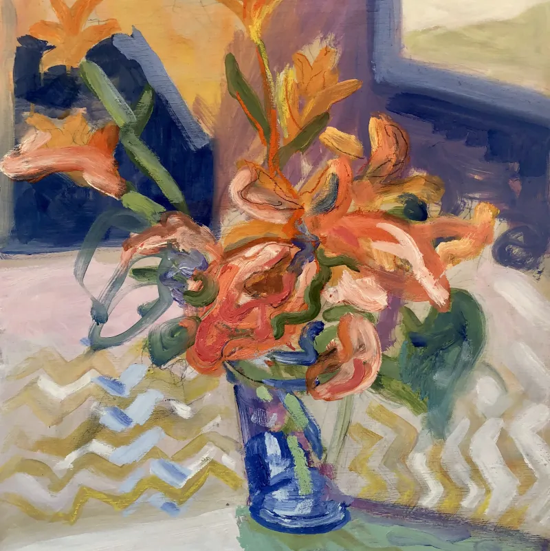 Day Lilies on a Zig-Zag Tablecloth